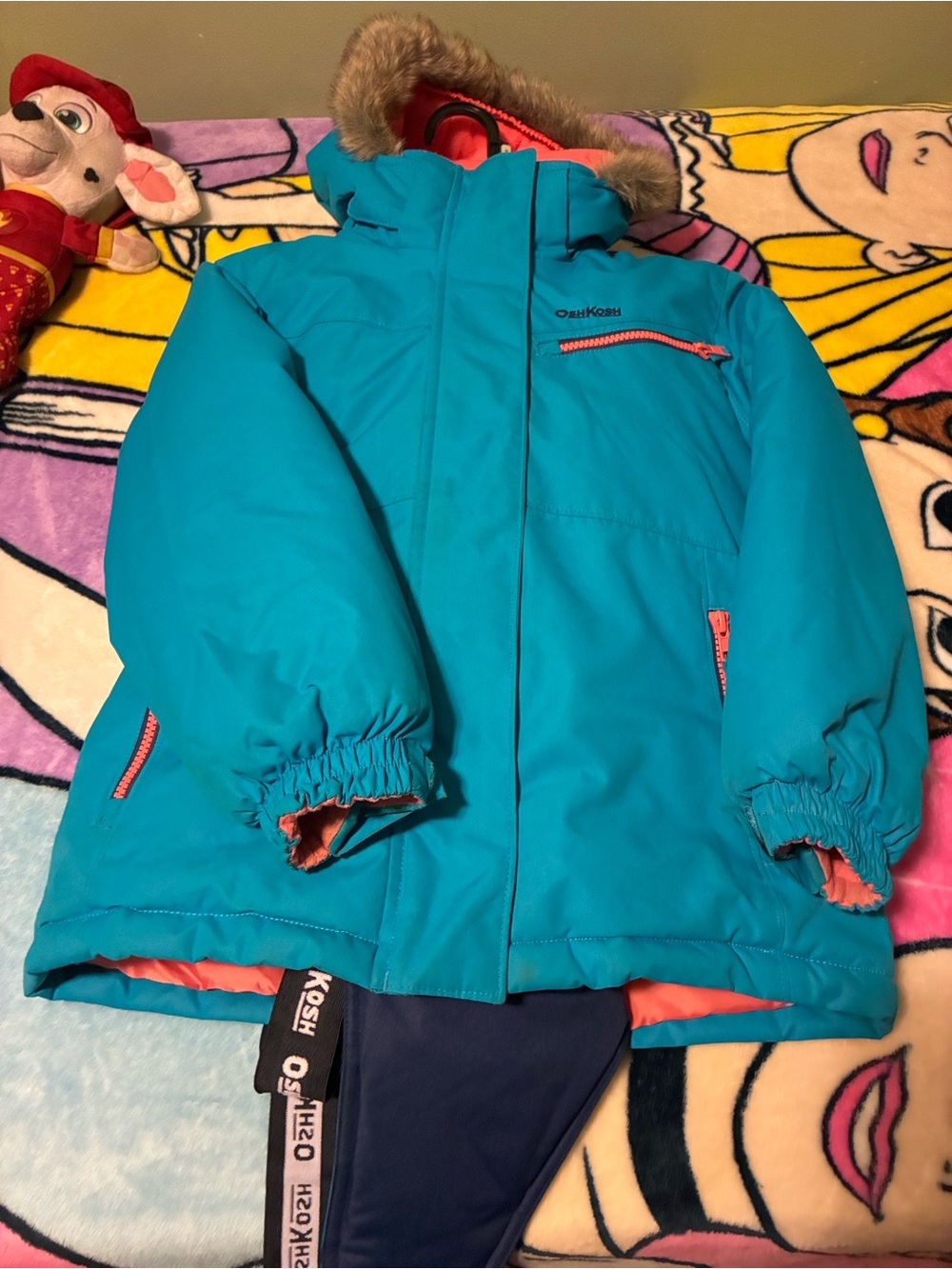 OshKosh B'gosh Teal Puffer Coat with Coral Accents and Faux-Fur Hood